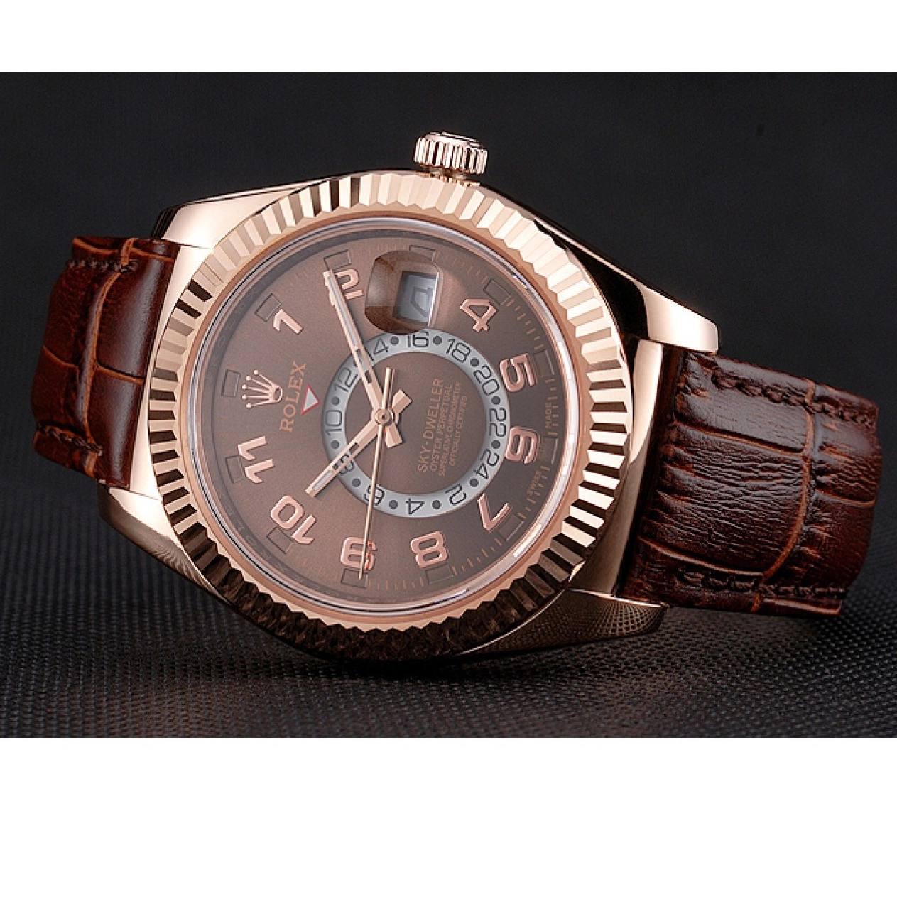 AAA Replica Watches Case Dweller Rolex Sky Brown Rose Dial Leather Brown Gold Strap 0527